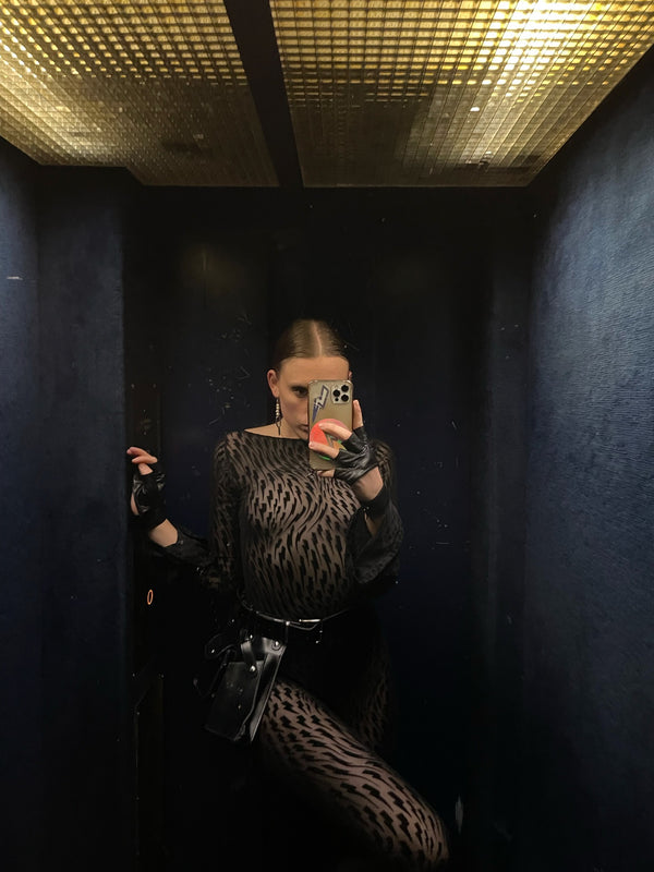 Customer wearing Flock Mesh Bodysuit Black