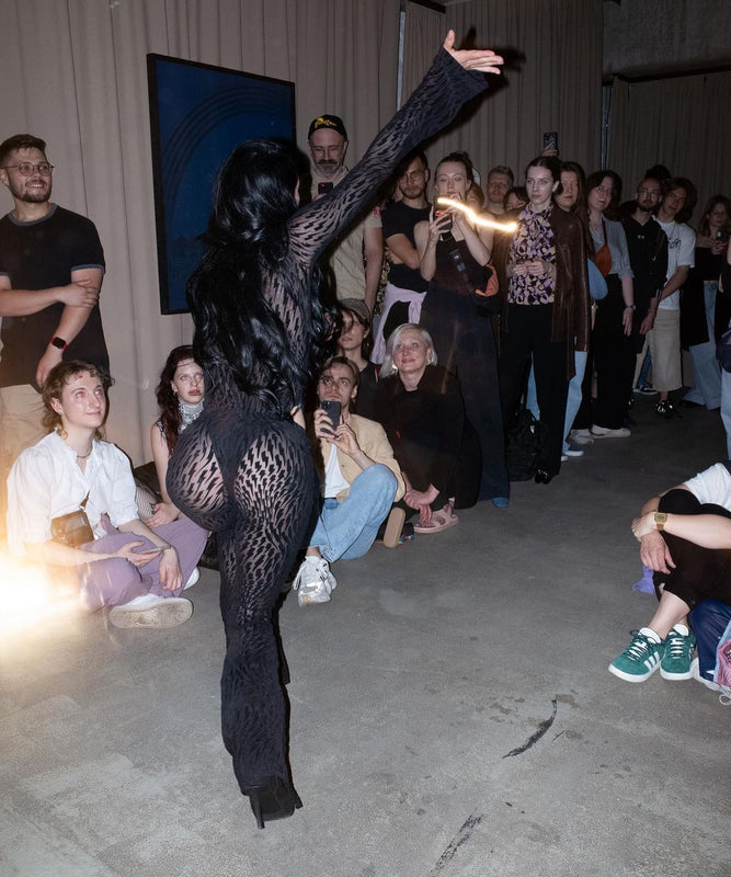 Customer wearing Flock Mesh Bodysuit Black