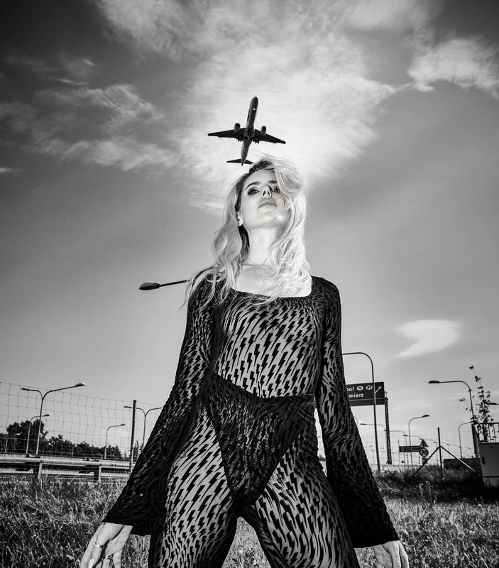 Customer wearing Flock Mesh Bodysuit Black