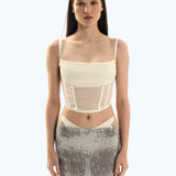 Satin Mesh Corset Top White