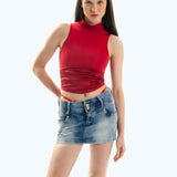 Satin High Neck Top Cherry Red