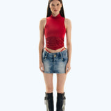 Satin High Neck Top Cherry Red